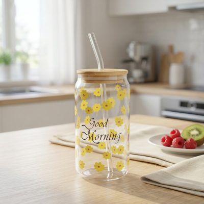 Vaso de Vidrio Good Morning con Tapa de Bambú, Sorbete y Diseño Floral
