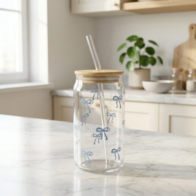 Vaso de Vidrio con Tapa de Bambú, Sorbete y Diseño de Moñas