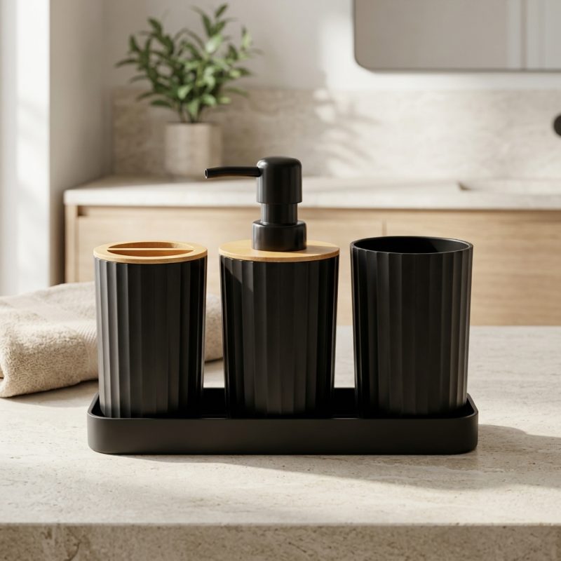 Set de Baño 4 Piezas con Dispensador, Portacepillos y Base Organizadora de Bambú