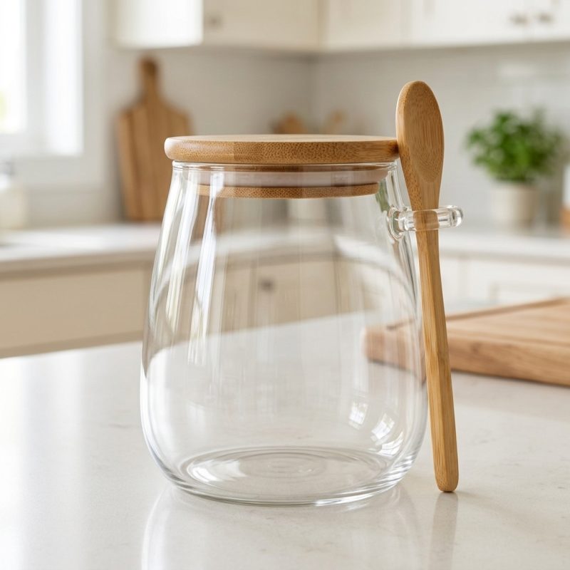 Frasco de Vidrio 650 ml con Tapa de Madera y Cuchara