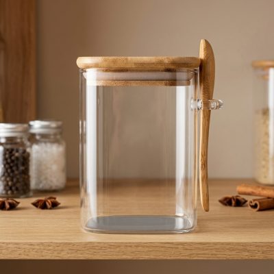 Frasco de Vidrio Cuadrado con Tapa de Madera y Cuchara