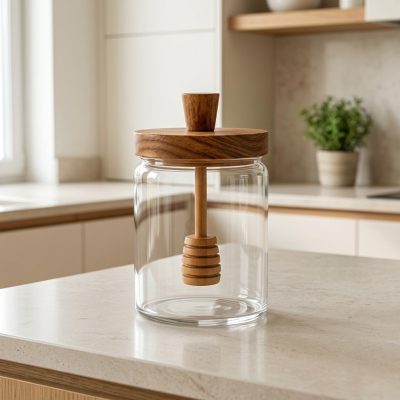 Mielera de Vidrio 350 ml con Tapa de Madera