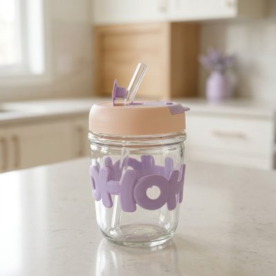 Vaso de Vidrio con Tapa, Sorbete y Goma Antideslizante